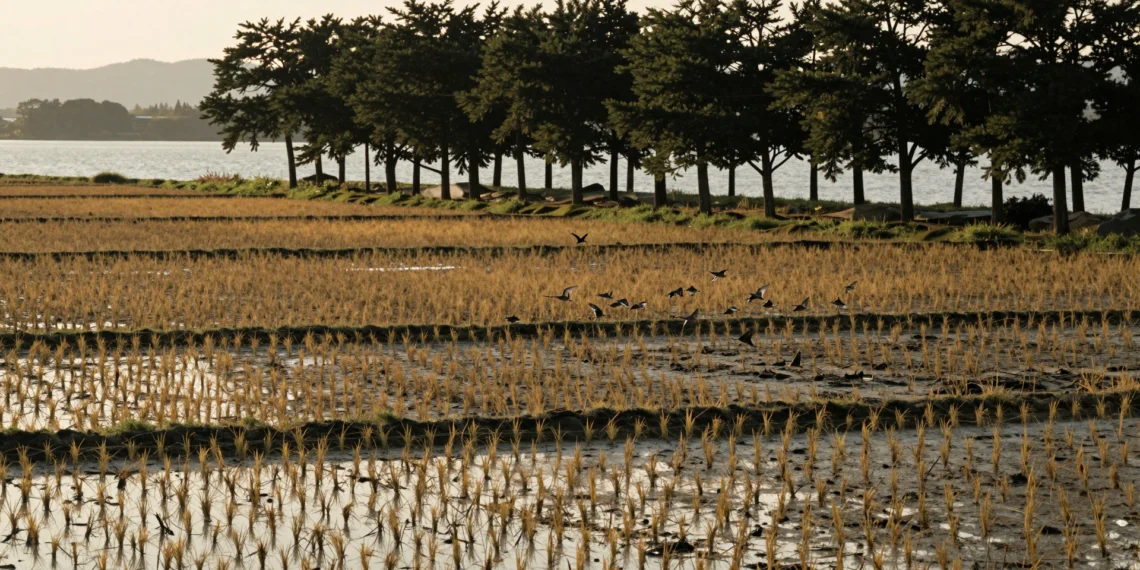 Plantar más árboles en campos de arroz redujo las aves de pradera un 70%: el inesperado coste ecológico de una medida de conservación muy extendida 1 Arrozales inundados japoneses al atardecer con hilera de árboles cortavientos y bandada de aves de pradera en vuelo