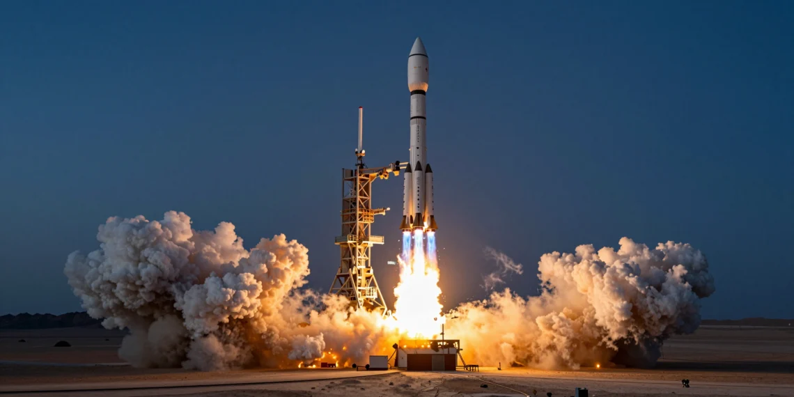 China lanza sin previo aviso su rival del Falcon 9 de SpaceX: un cohete reutilizable que nadie vio venir 1 Cohete reutilizable chino despegando al amanecer sobre el desierto de Gobi con nubes de escape en la base
