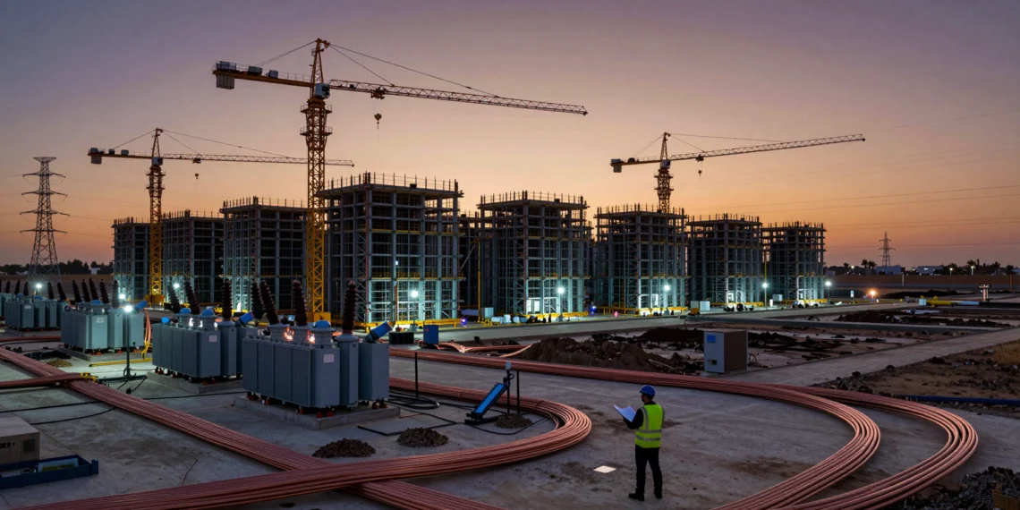 Construir el mayor centro de datos del mundo ya no depende de los chips, sino de los gigavatios disponibles 1 Ingeniero ante un centro de datos de IA en construcción al atardecer, con transformadores y cables de alta tensión