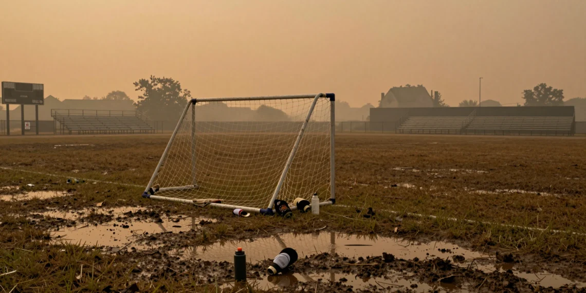 El deporte juvenil pierde terreno frente a las olas de calor, las inundaciones y el humo de los incendios 1 Campo de fútbol juvenil vacío y anegado bajo un cielo naranja de humo de incendios forestales