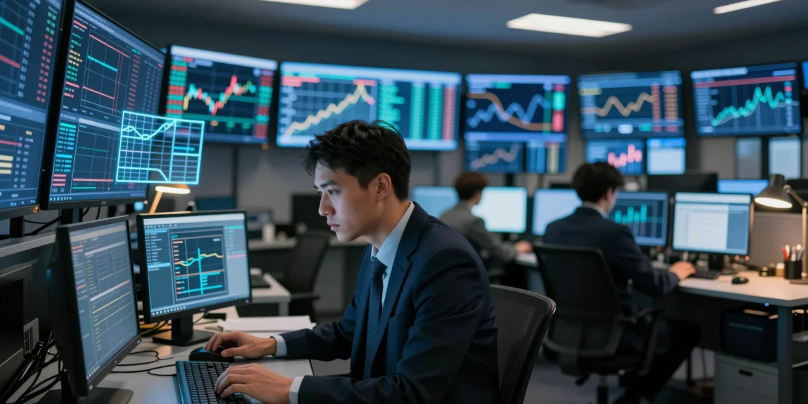 Más de la mitad del sector financiero ya apuesta por la IA agéntica, pero el verdadero obstáculo está en sus propios datos 1 Analista financiero frente a pantallas de datos en un moderno piso de trading con luz azul y gráficos en tiempo real