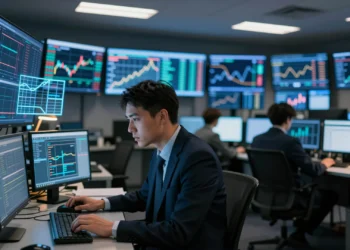 Más de la mitad del sector financiero ya apuesta por la IA agéntica, pero el verdadero obstáculo está en sus propios datos 5 Analista financiero frente a pantallas de datos en un moderno piso de trading con luz azul y gráficos en tiempo real