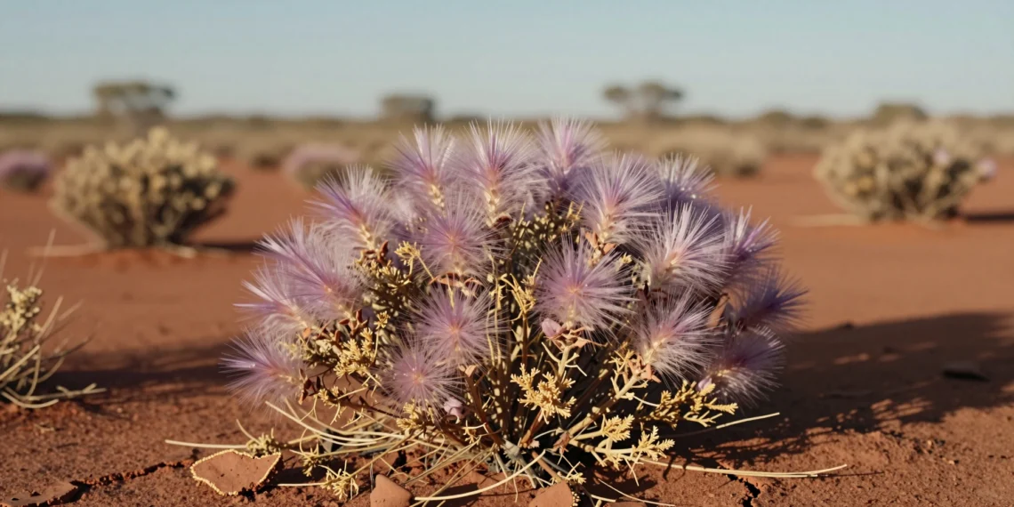 Una foto tomada por casualidad en el interior de Australia resucita una planta que nadie había visto desde 1967 1 Arbusto desértico raro con flores plumosas de color lila fotografiado por casualidad en el interior árido de Australia