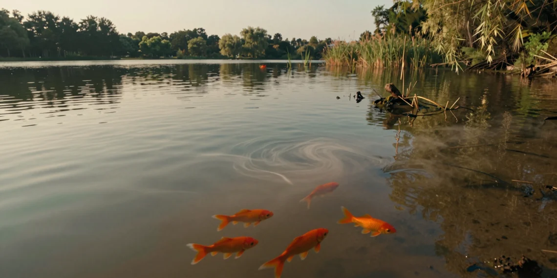 Liberar un pez de colores al lago puede parecer un gesto compasivo — la ciencia revela que puede destruir todo el ecosistema 1 Peces de colores naranjas bajo la superficie de un lago con agua turbia y sedimentos en suspensión al atardecer
