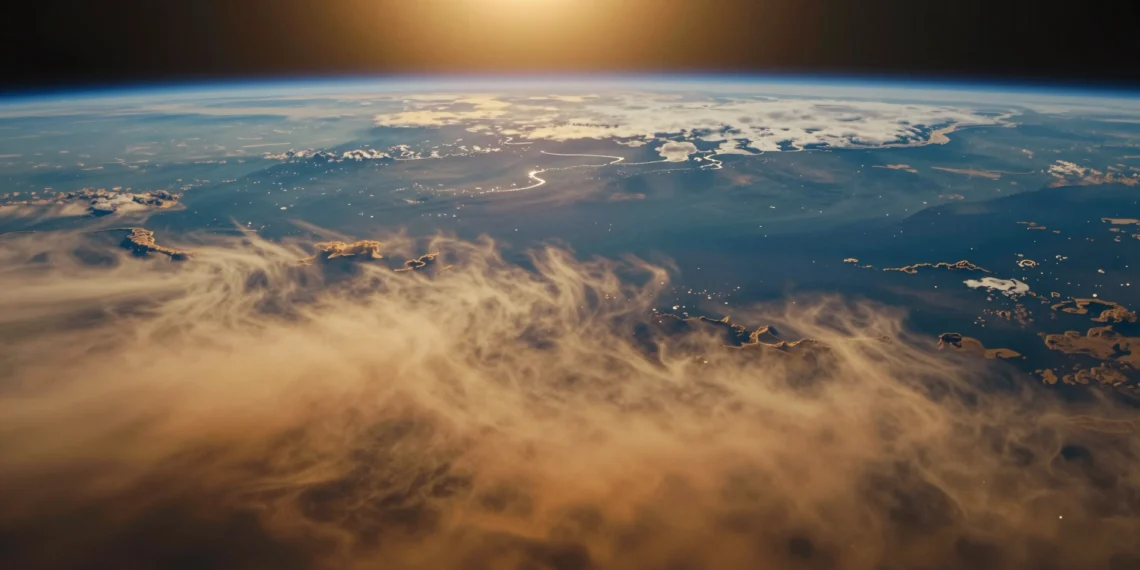 El planeta acumula calor a un ritmo sin precedentes: el desequilibrio energético de la Tierra bate su récord histórico en 2025 1 Vista aérea de la Tierra desde la atmósfera con océanos azules, luz solar intensa y capas de gases de efecto invernadero.