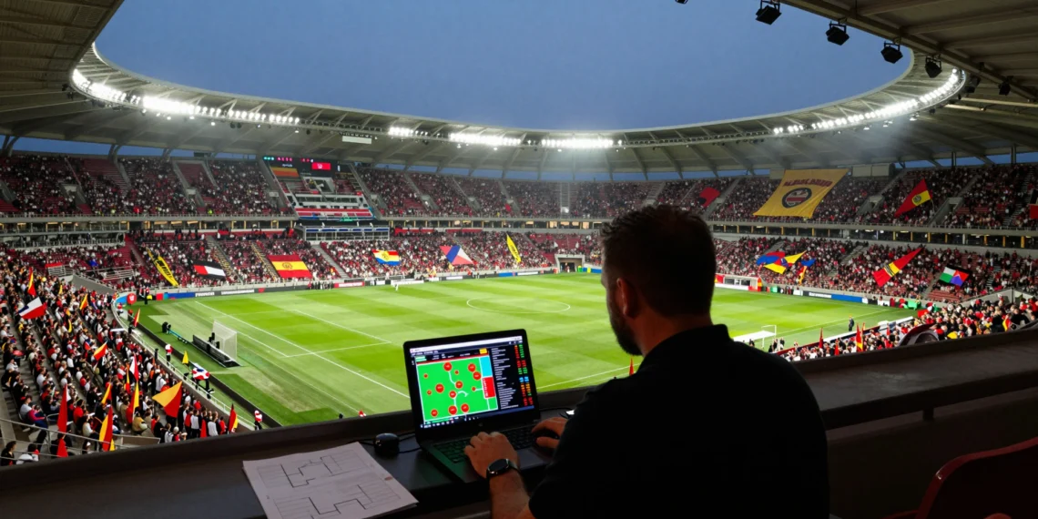 España campeona, Portugal eliminado en grupos y Noruega en semifinales: así luce el Mundial 2026 según este análisis humano 1 Analista frente a un portátil con gráficos tácticos en un estadio del Mundial 2026 abarrotado de aficionados
