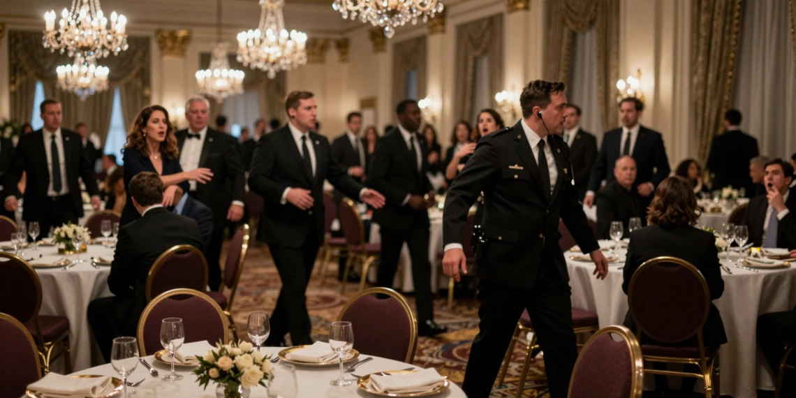 Disparos en la Cena de Corresponsales mientras Trump y su gabinete estaban presentes: "No me va a disuadir" 1 Salón de gala con sillas volcadas y agentes del Servicio Secreto tras disparos en la Cena de Corresponsales