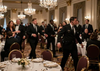 Salón de gala con sillas volcadas y agentes del Servicio Secreto tras disparos en la Cena de Corresponsales