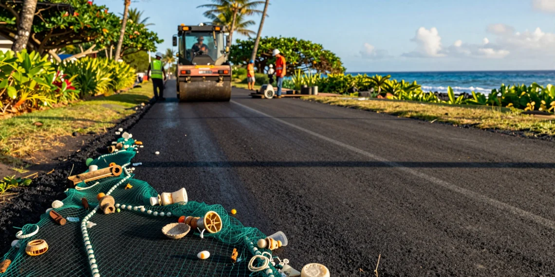 Hawái convierte redes de pesca abandonadas y plástico oceánico en carreteras, y los primeros datos apuntan a algo inesperado 1 Carretera costera en Hawái construida con redes de pesca y plástico oceánico reciclado bajo el sol tropical