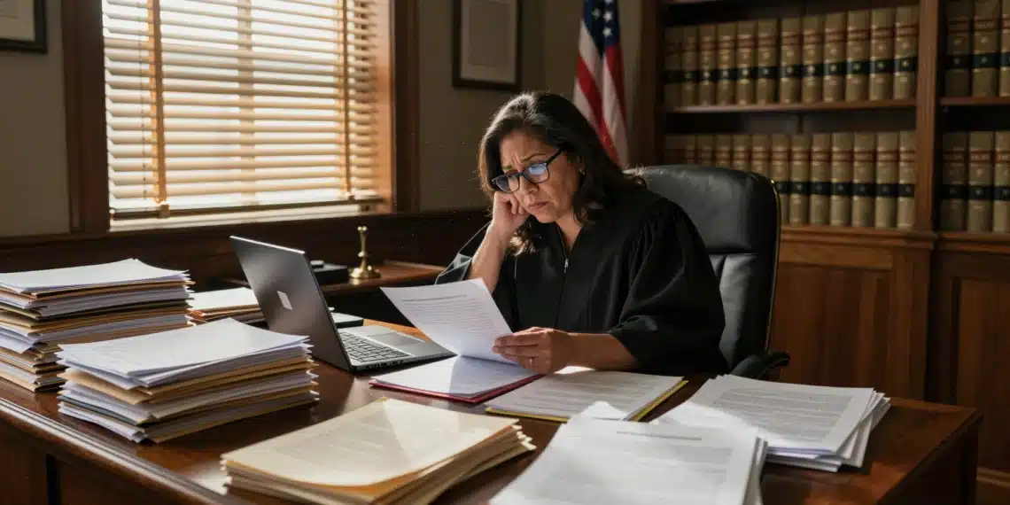 Más personas se atreven a demandar solas gracias a la IA, y los jueces estadounidenses no saben muy bien qué hacer con ello 1 Jueza federal latina en un juzgado de Colorado rodeada de expedientes legales, con un portátil mostrando una IA