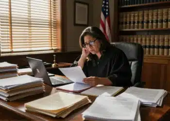 Más personas se atreven a demandar solas gracias a la IA, y los jueces estadounidenses no saben muy bien qué hacer con ello 1 Jueza federal latina en un juzgado de Colorado rodeada de expedientes legales, con un portátil mostrando una IA