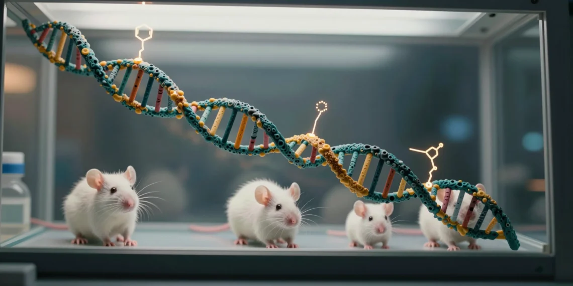Investigadores hallan marcas genéticas que se transmiten de generación en generación saltándose por completo las reglas de Mendel 1 Hélice de ADN con marcadores genéticos brillantes en laboratorio, simbolizando herencia epigenética transgeneracional