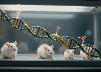 Investigadores hallan marcas genéticas que se transmiten de generación en generación saltándose por completo las reglas de Mendel 4 Hélice de ADN con marcadores genéticos brillantes en laboratorio, simbolizando herencia epigenética transgeneracional