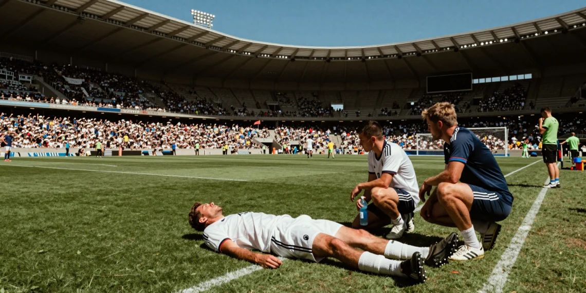 Desde México 1986 hasta Nueva Jersey 2026: cuarenta años de Mundiales bajo un sol cada vez más peligroso 1 Futbolista exhausto tumbado en el césped de un estadio al aire libre bajo un sol abrasador de verano durante un Mundial