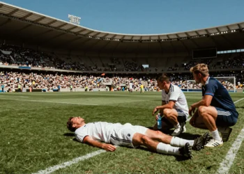 Futbolista exhausto tumbado en el césped de un estadio al aire libre bajo un sol abrasador de verano durante un Mundial
