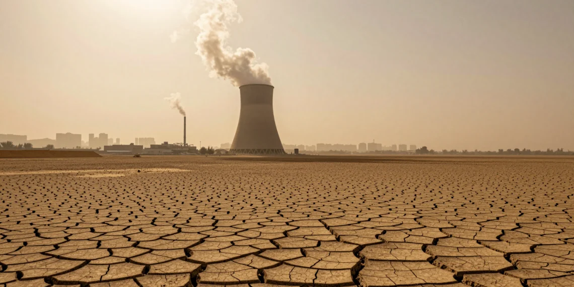 Nueve de cada diez posibilidades de romper el límite climático más crítico antes de 2030, según la OMM 1 Tierra agrietada y reseca bajo un cielo cargado de bruma con una torre de refrigeración industrial al fondo