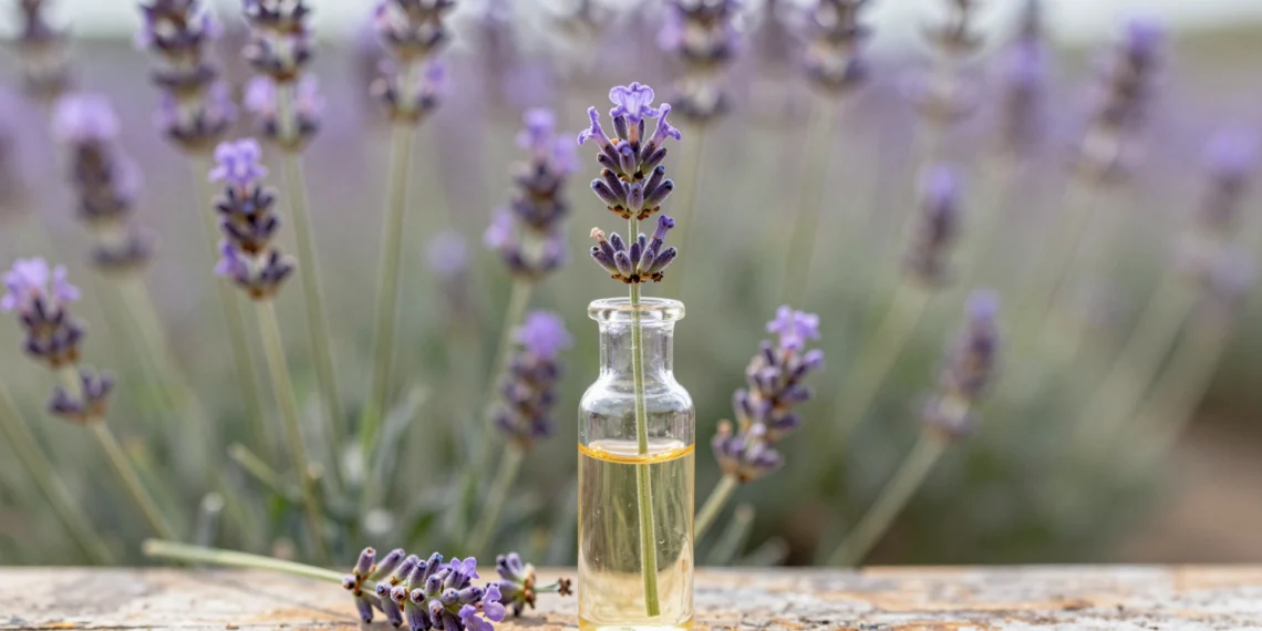 Científicos identifican el compuesto de la lavanda que calma la ansiedad sin efectos secundarios 1 Tallos de lavanda silvestre en flor junto a un vial de cristal con aceite esencial dorado sobre madera envejecida