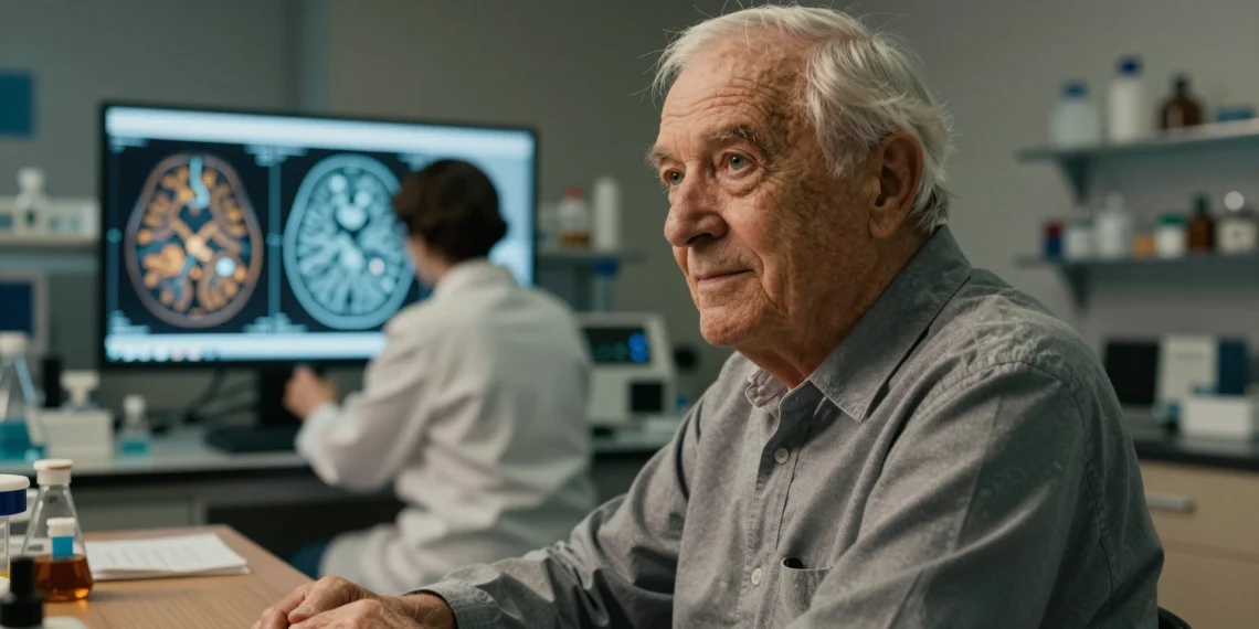 Cerebros que desafían la vejez: los 'superagers' guardan un secreto neuronal que los científicos acaban de revelar 1 Anciano de mirada alerta en laboratorio de neurociencia con escáner cerebral en monitor al fondo