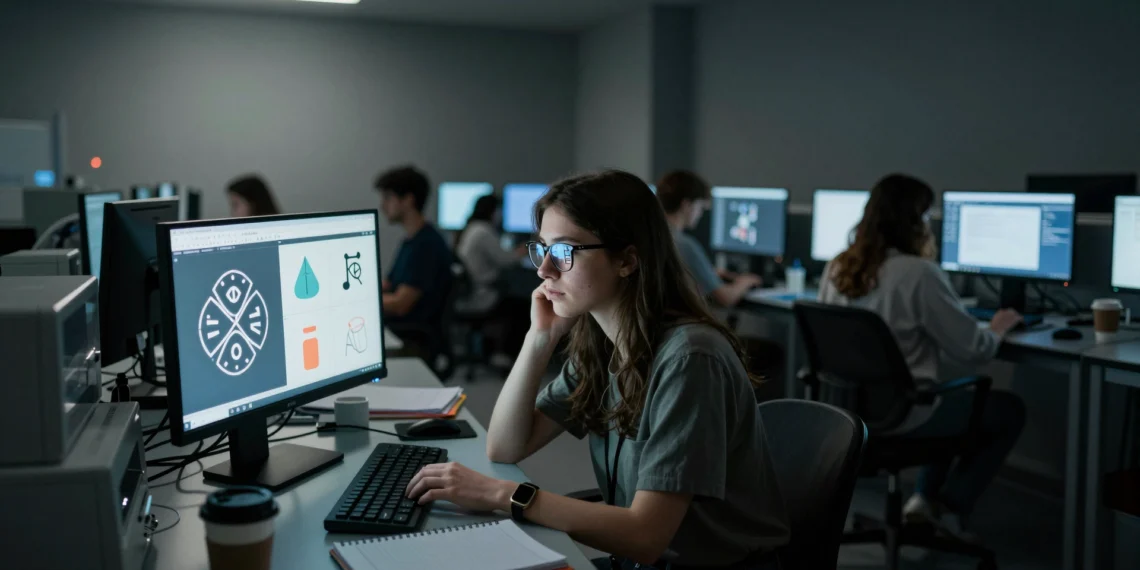 Descubren el mecanismo cognitivo que separa la innovación humana del azar puro 1 Joven investigadora observa símbolos abstractos en pantalla en laboratorio de cognición humana e innovación