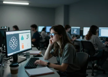 Joven investigadora observa símbolos abstractos en pantalla en laboratorio de cognición humana e innovación