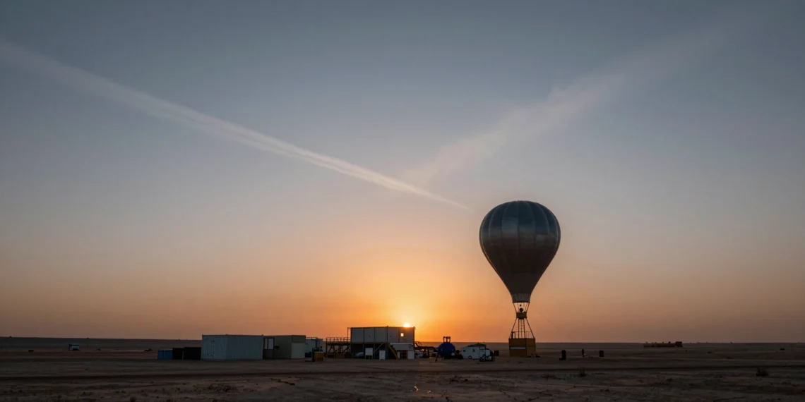 Empresas ya venden «créditos de enfriamiento» y manipulan la atmósfera sin que ninguna ley del mundo pueda detenerlas 1 Globo meteorológico asciende sobre instalación industrial en desierto al atardecer con cielo manipulado por aerosoles
