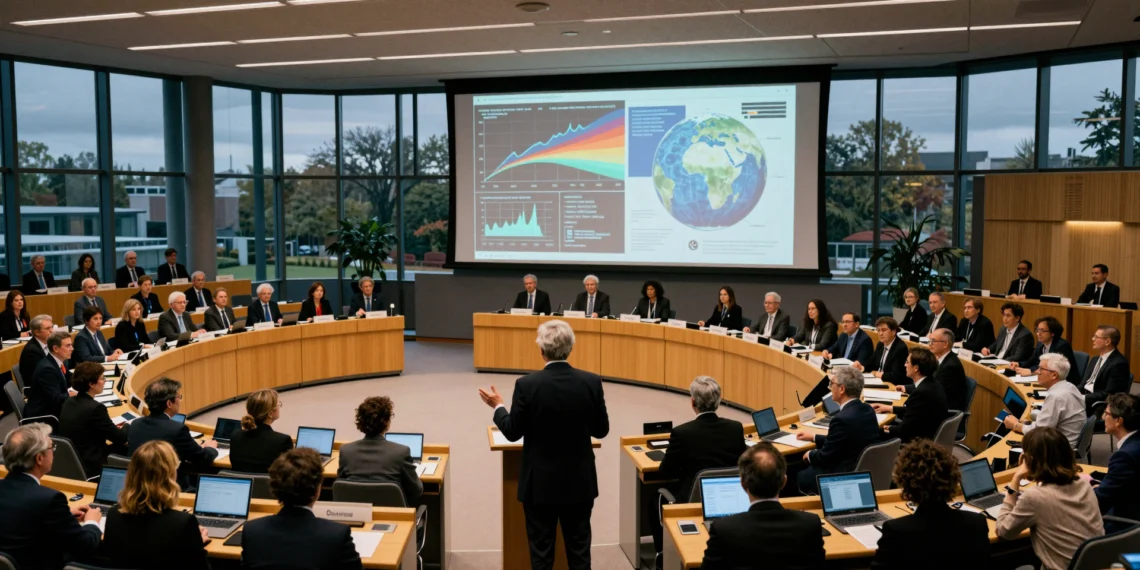 Ciencia climática a contrarreloj: el IPCC acelera su séptimo informe de evaluación antes de la COP30 1 Científico en el podio de la sala de conferencias de la ONU en Bonn, con delegados y datos climáticos proyectados en pantalla