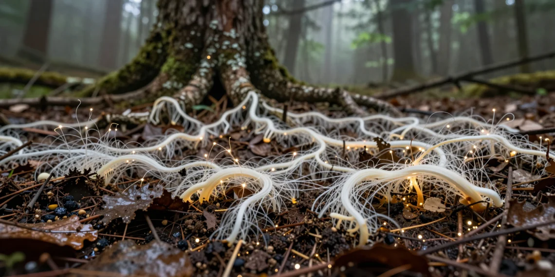 Científicos cartografían por primera vez la red fúngica subterránea más extensa del planeta, una infraestructura viva que regula el clima desde las profundidades del suelo 1 Red fúngica subterránea con hifas blancas y ámbar entretejidas en suelo oscuro de bosque templado bajo raíces de árboles