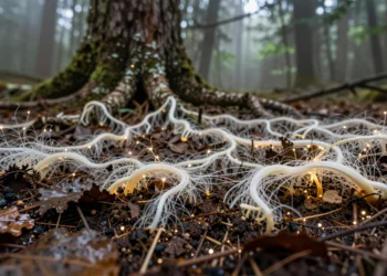 Científicos cartografían por primera vez la red fúngica subterránea más extensa del planeta, una infraestructura viva que regula el clima desde las profundidades del suelo 6 Red fúngica subterránea con hifas blancas y ámbar entretejidas en suelo oscuro de bosque templado bajo raíces de árboles