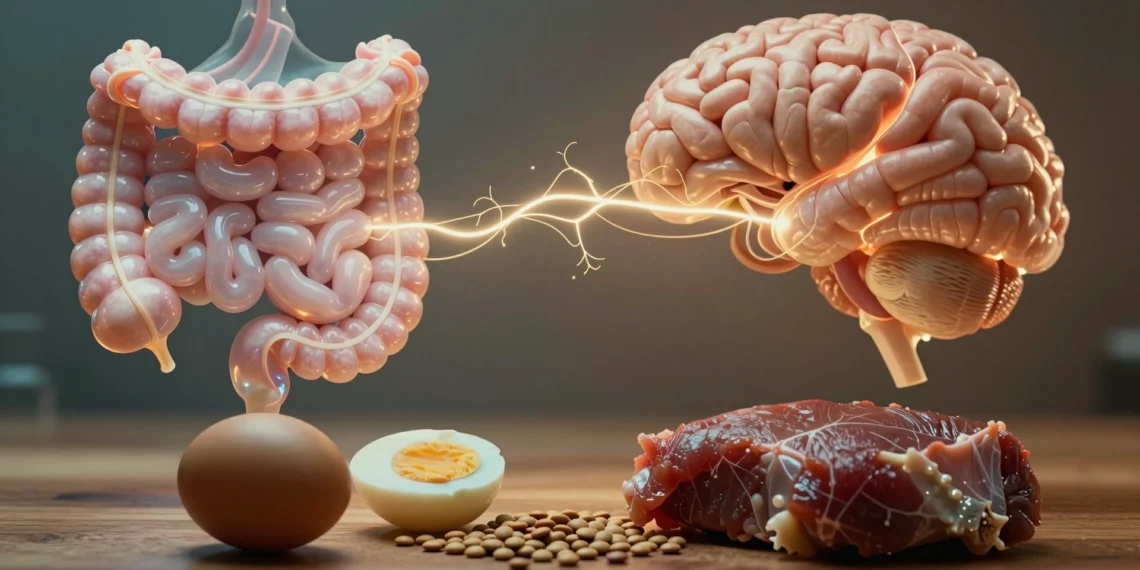 Científicos identifican un circuito intestino-cerebro desconocido que redirige los antojos de azúcar hacia las proteínas cuando el cuerpo las necesita 1 Ilustración del circuito intestino-cerebro junto a alimentos proteicos como huevo, lentejas y carne sobre mesa de madera