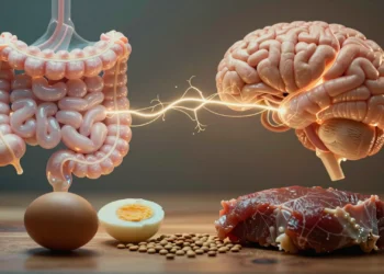 Científicos identifican un circuito intestino-cerebro desconocido que redirige los antojos de azúcar hacia las proteínas cuando el cuerpo las necesita 6 Ilustración del circuito intestino-cerebro junto a alimentos proteicos como huevo, lentejas y carne sobre mesa de madera