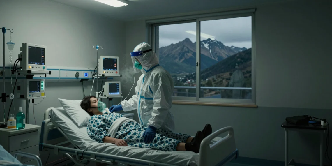 Un virus que no destruye los pulmones pero puede matar en horas: así actúa el hantavirus Andes en el cuerpo humano 1 Médico con EPI en UCI patagónica junto a ventiladores, silueta andina al fondo, alusión al hantavirus Andes