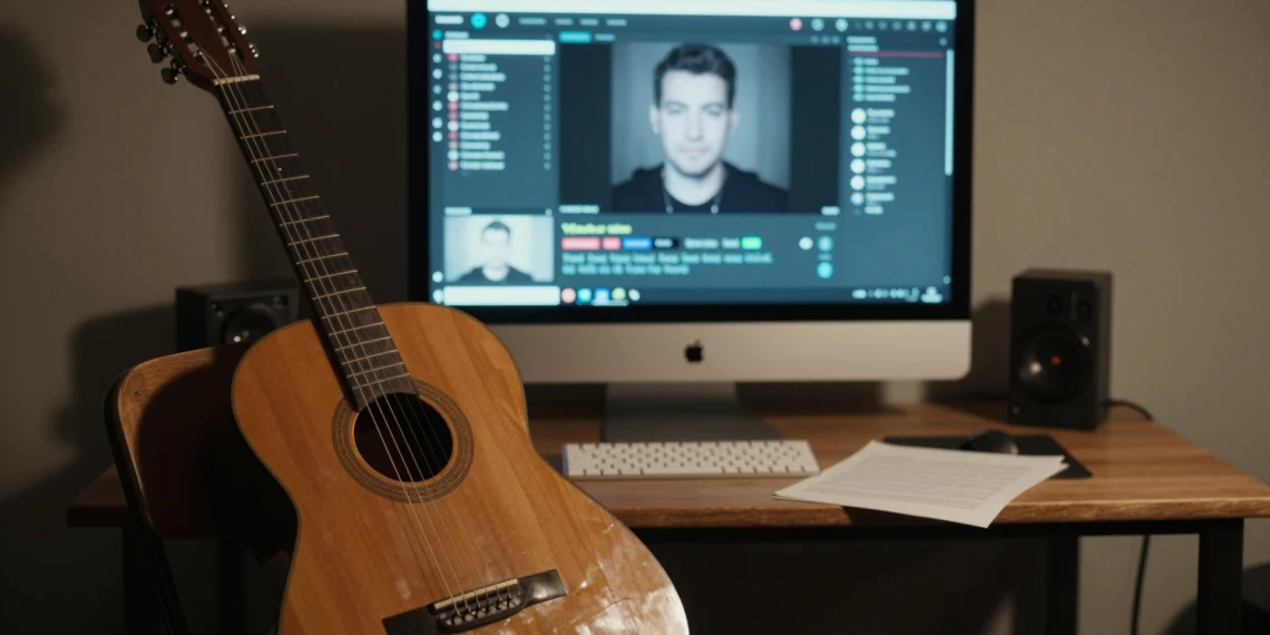 Canales de YouTube secuestrados para emitir estafas de criptomonedas: cómo la IA está acelerando un problema que la plataforma no ha sabido frenar 1 Guitarra clásica en estudio casero con monitor mostrando una estafa de criptomonedas en directo en YouTube