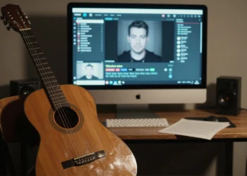 Guitarra clásica en estudio casero con monitor mostrando una estafa de criptomonedas en directo en YouTube