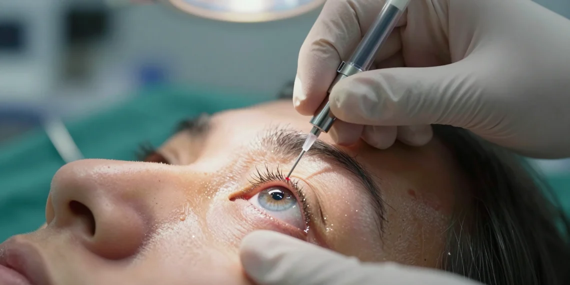 Un primer paciente recibe una terapia génica experimental que busca rejuvenecer las células del ojo y recuperar la visión perdida 1 Oftalmólogo administrando una microinyección experimental de terapia génica en el ojo de un paciente en quirófano