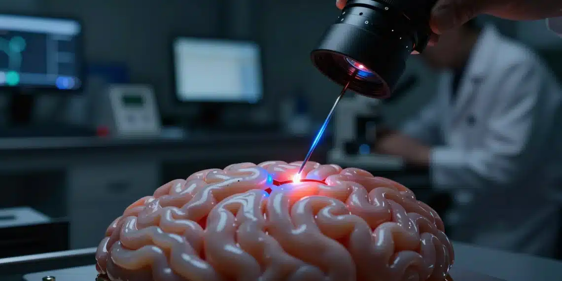 Neuropixels Opto, la sonda más fina que un cabello capaz de escuchar y controlar neuronas al mismo tiempo en lo más profundo del cerebro 1 Sonda de silicio Neuropixels Opto ultrafina insertada en tejido cerebral con luz azul y roja en laboratorio de neurociencia