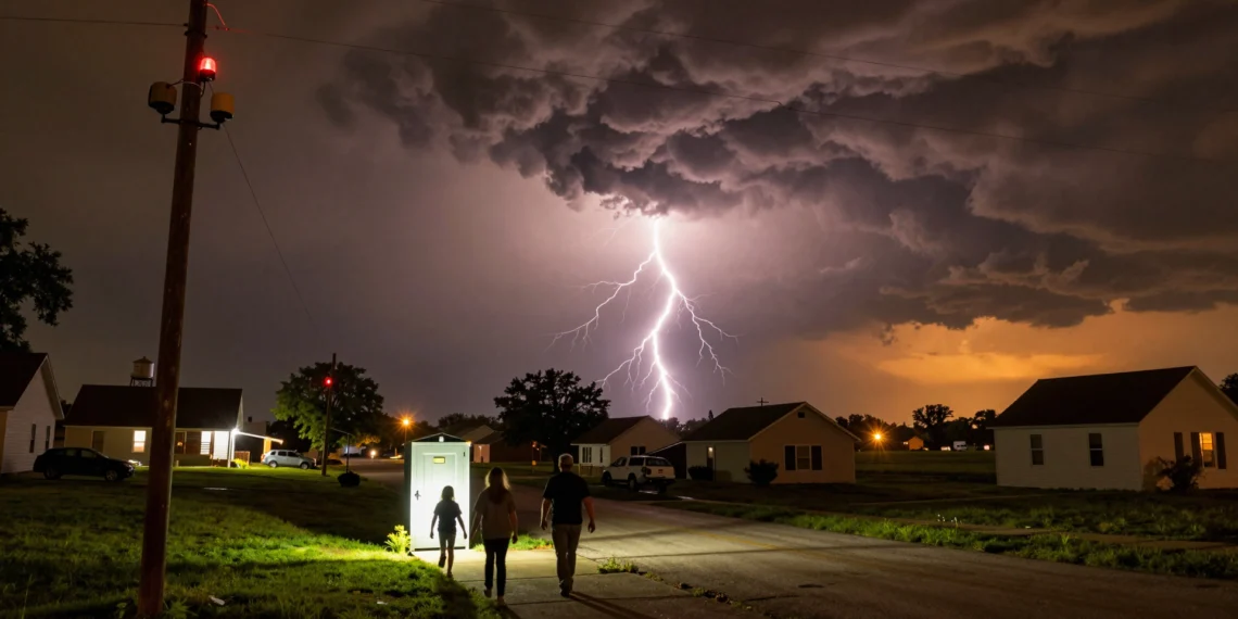 Una alerta de tornado cruzó cinco estados en pocas horas y dejó en vilo a decenas de condados del Medio Oeste americano 1 Familia huyendo hacia refugio antitornado bajo cielo con supercélula y relámpagos en el Medio Oeste