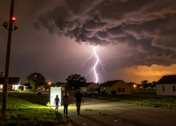 Una alerta de tornado cruzó cinco estados en pocas horas y dejó en vilo a decenas de condados del Medio Oeste americano 5 Familia huyendo hacia refugio antitornado bajo cielo con supercélula y relámpagos en el Medio Oeste