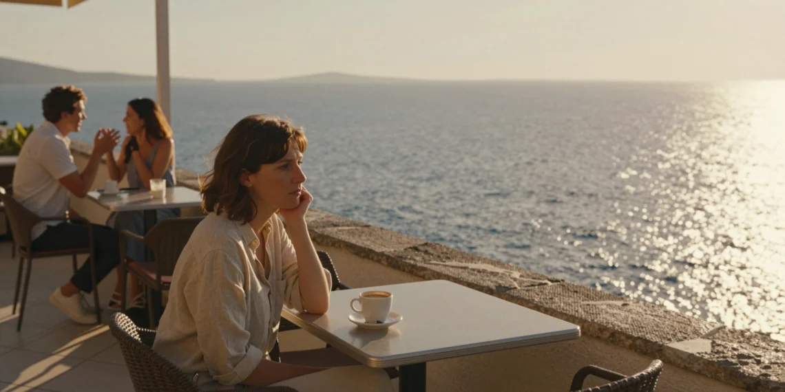 Cuando sientes que ya no puedes recordar más, tu cerebro no está lleno: está filtrando 1 Mujer pensativa en terraza mediterránea al atardecer, evocando la naturaleza selectiva de la memoria