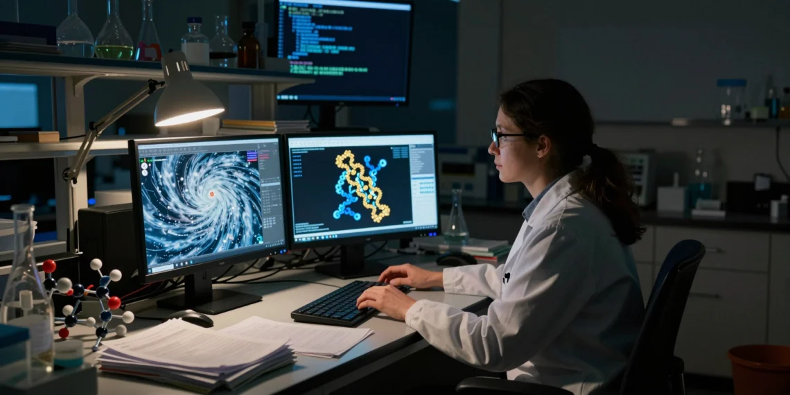 Google aparta a sus mejores mentes de las herramientas científicas especializadas para apostar por una IA que investiga sola 1 Científica ante monitores con mapas de huracanes y proteínas en laboratorio nocturno, símbolo del dilema de la IA en ciencia