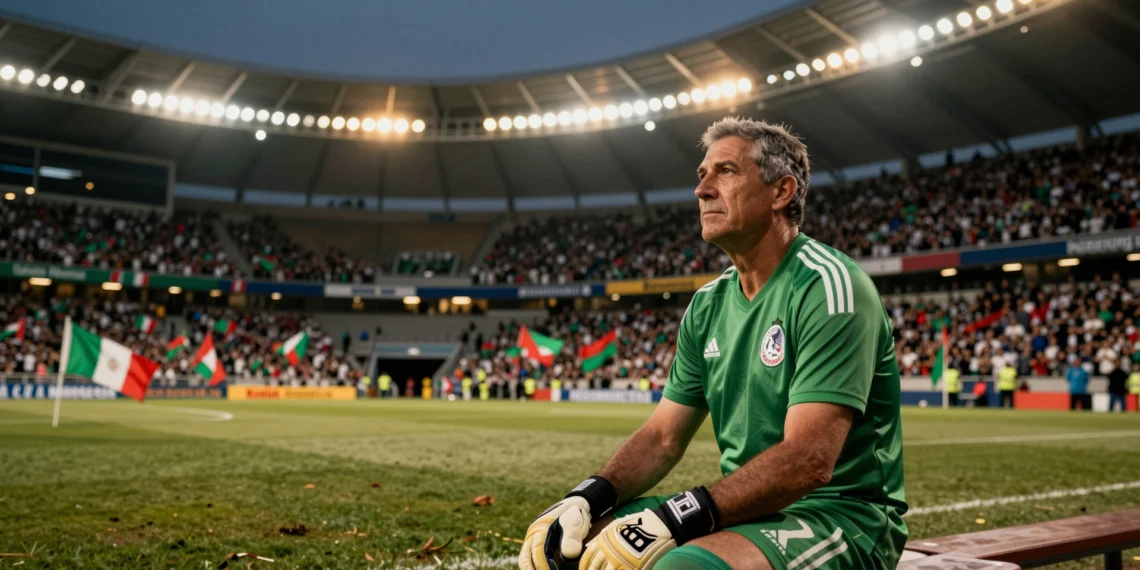 Memo Ochoa, a un partido de escribir su nombre en la historia del Mundial con México 1 Memo Ochoa en el banquillo del Estadio Azteca con la camiseta verde de México ante un partido histórico del Mundial
