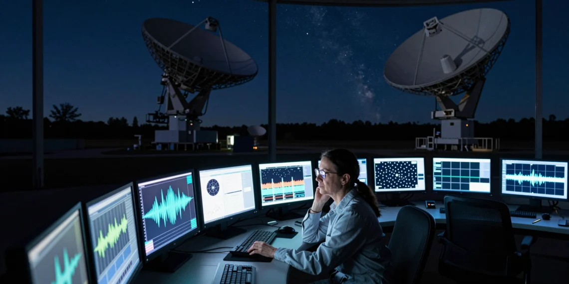De las ondas de radio a la inteligencia artificial: la búsqueda de vida extraterrestre lleva décadas transformándose en silencio 1 Científica en sala de control de radiotelescopio nocturno rodeada de monitores con ondas espectrales y mapas estelares