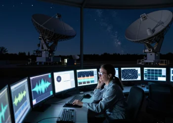 De las ondas de radio a la inteligencia artificial: la búsqueda de vida extraterrestre lleva décadas transformándose en silencio 4 Científica en sala de control de radiotelescopio nocturno rodeada de monitores con ondas espectrales y mapas estelares