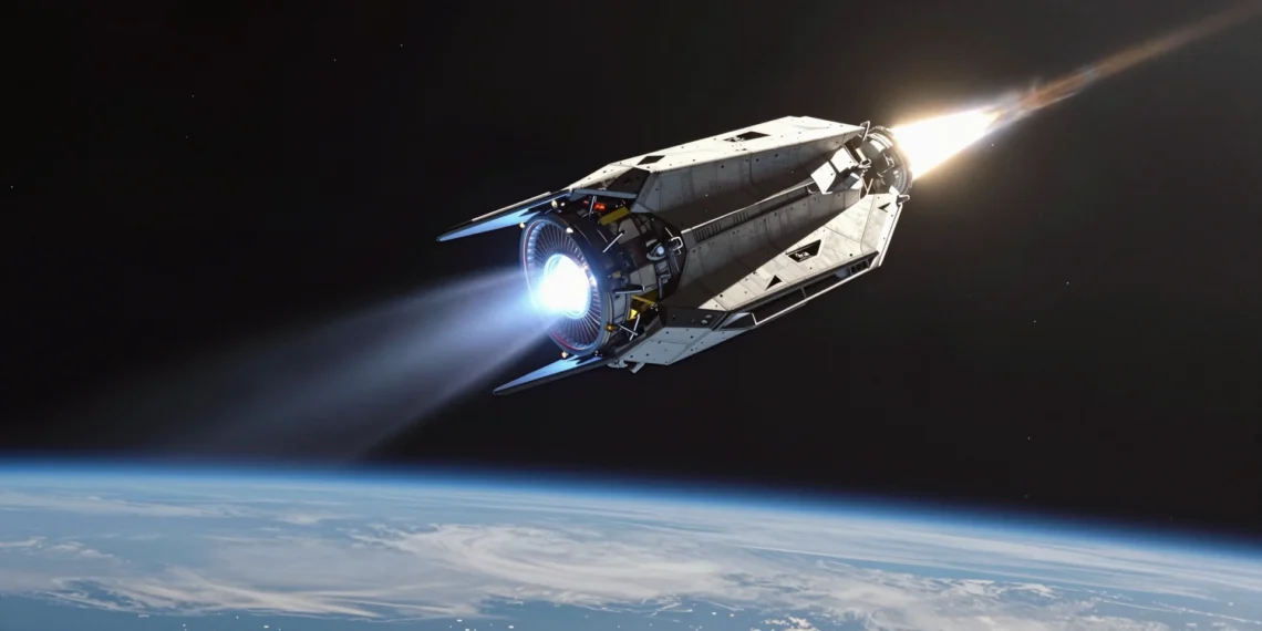 La propulsión nuclear espacial resuelve problemas que llevaban décadas sin respuesta y abre una nueva era de exploración más allá del Sistema Solar 1 Nave espacial futurista con propulsión nuclear ascendiendo desde la atmósfera terrestre hacia el espacio profundo