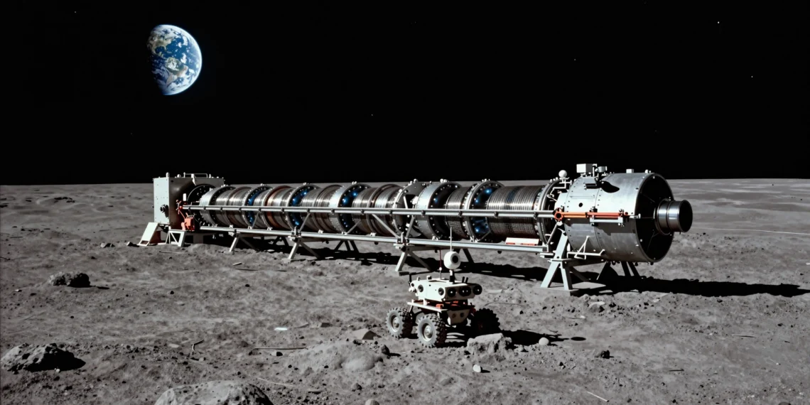 Catapultas electromagnéticas en la Luna: la tecnología civil que un informe señala como posible arma de primer ataque indetectable 1 Catapulta electromagnética colosal sobre la superficie lunar con la Tierra al fondo y un vehículo robótico en primer plano