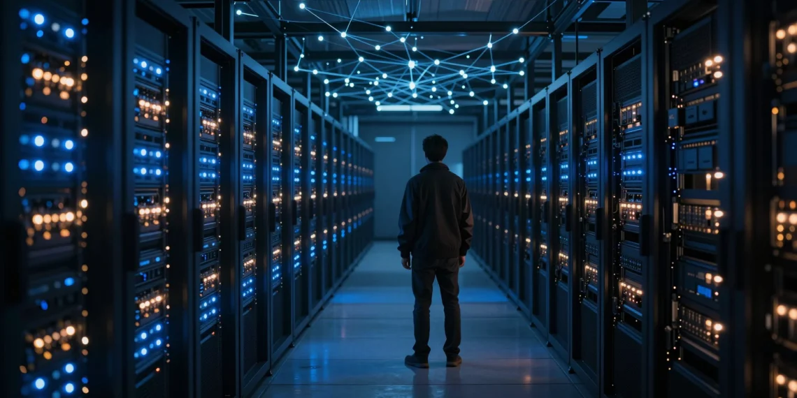 Google DeepMind destina 10 millones de dólares para estudiar qué ocurre cuando millones de agentes de IA actúan sin supervisión humana 1 Investigador humano empequeñecido ante pasillos infinitos de servidores con luces azules y ámbar en un centro de datos