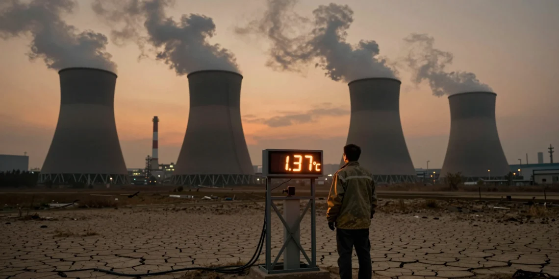 Un estudio con más de 70 científicos cifra el calentamiento humano en 1,37 °C: el umbral crítico podría llegar antes de lo previsto 1 Científico climático observa pantalla con 1,37 °C ante torres industriales humeantes y tierra agrietada al atardecer