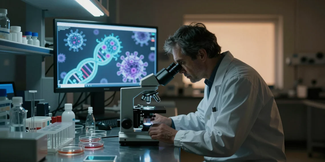 Un virus que contrajo de niño podría estar provocando cáncer de vejiga décadas después, según un nuevo estudio 1 Científica examina muestras al microscopio en laboratorio médico con visualización de partículas virales en pantalla digital