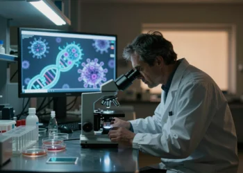 Un virus que contrajo de niño podría estar provocando cáncer de vejiga décadas después, según un nuevo estudio 8 Científica examina muestras al microscopio en laboratorio médico con visualización de partículas virales en pantalla digital