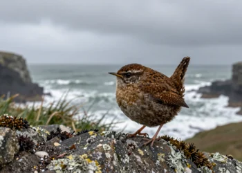 Chochín euroasiático robusto posado en un acantilado con líquenes en una isla escocesa, con el océano Atlántico al fondo