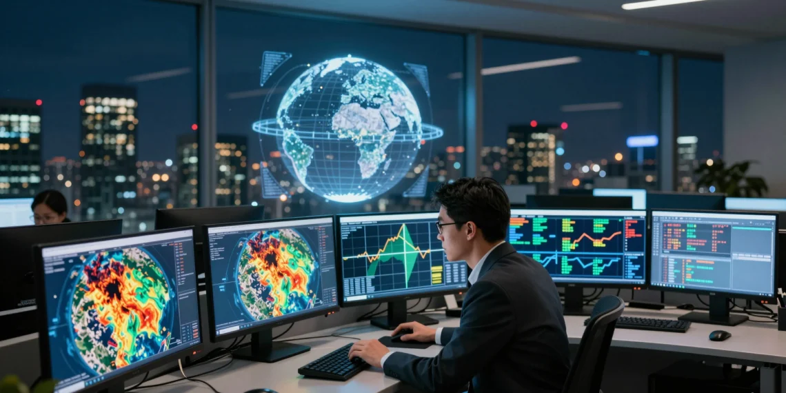 Datos de satélite de la NASA que antes solo usaban científicos ahora guían decisiones en seguros, energía y mercados financieros 1 Analista corporativo estudiando imágenes satelitales de la NASA con datos de incendios, inundaciones y agricultura